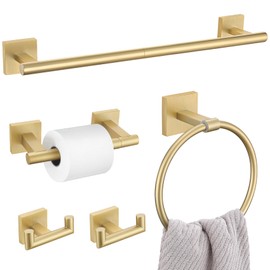 Brushed Gold Bathroom Hardware Set, 5-Piece Bath Towel Bar Set with 23.6” Towel Bar, Towel Ring, Toilet Paper Holder, Two Hooks, SUS304 Towel Racks for Bathroom Wall Mounted