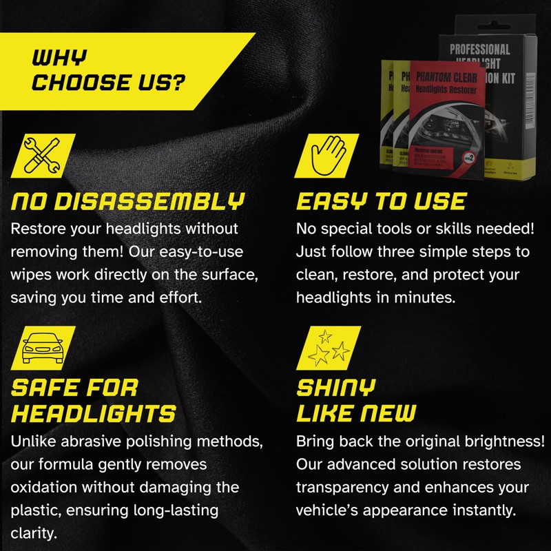 Phantom Clear 3-Step Headlight Restoration Kit – Removes Yellowing, Haze