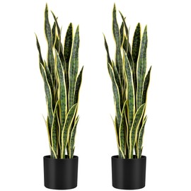 KOL 3ft 2PCS Artificial Snake Plant, 35in Faux Sansevieria with PVC Lifelike Leaves for Indoor Home & Garden Decor, Potted Mother-in-Law's Tongue Plants, Yellow