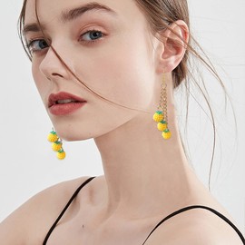 Boho Long Threaded Ball Dangle Hook Bohemia Earrings Thread Wrapped Triple Colorful Beaded Balls Dangle Earrings Lantern Ball Fringe Tassel Cute Drop Earrings for Women (Yellow)