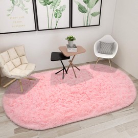 junovo Ultra Soft Washable Shaggy Rug - Non-Slip Oval Carpet for Nursery, Kids Bedroom & Home Decor (2.6x5.3ft Pink) | Plush Fluffy Floor Mat for Cozy Living Spaces