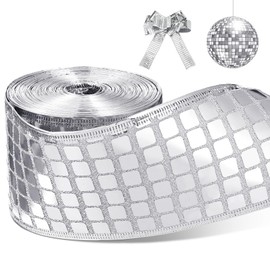 TecUnite 10 Yards Disco Silver Ribbon 2.5 Inch Christmas Glitter Silver Wired Ribbon Sparkly Metallic Square Sequin Ribbon Sewing Trim for Gift Wrapping DIY Crafts Christmas Tree Wreath Decor