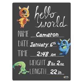 Cohas Hello World Newborn Baby Announcement Chalkboard Sign with Monster Theme, 5 by 7 Inches, No Marker