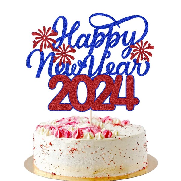 AROKIPPRY - Decoración para tartas de Año Nuevo 2024, Hello 2024, Cheers 2024, decoración para fiestas de bienvenida a 2024 (rojo y azul)