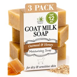 Southern Natural- Jabón de avena (paquete de 3) Jabón de leche de cabra sin aroma con avena coloidal y miel. Para pieles secas y sensibles.           