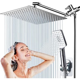 Rain shower heads with Handheld Spray Combo,8''High Pressure Rainfall Shower Head with 9'' Extension Arm,Square Shower head with 3 Setting Handheld Shower head and 78" Hose,Waterfall showerhead