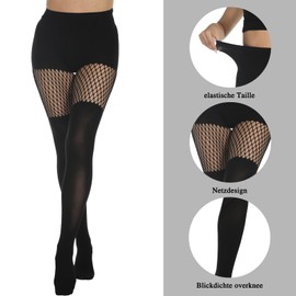MANZI Fishnet Tights Women's Black Opaque Overknee Stockings Fishnet Tights with Pattern 2 Pairs, Style 3
