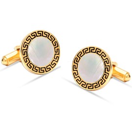 LeCalla Men's Cuff Links 925 Sterling Silver | 14K Gold-Plated Mens Jewelry | Round Mother of Pearl Greek Key Cufflink for Suit Shirt Accessories for Men Dad Father Grand-Father