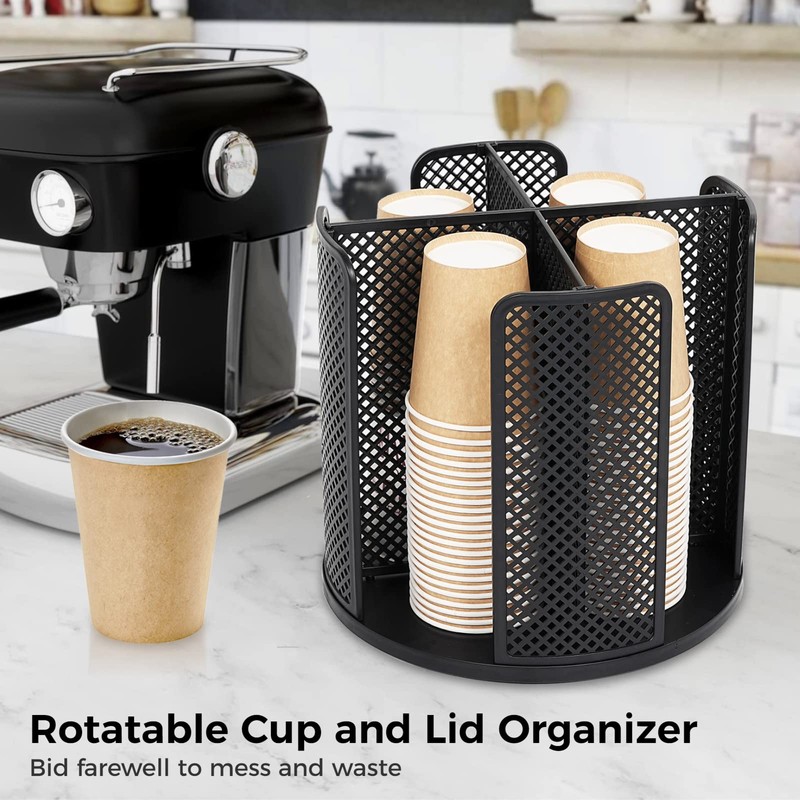 Fanspack Rotatable Cup and Lid Organizer with 4 Compartments, Coffee