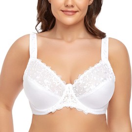 TELIMUSSTO Women's Full Coverage Floral Lace Underwired Bra Plus Size Non Padded Comfort Bra 40B White