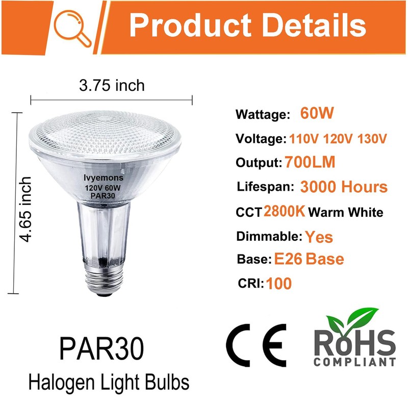 Ivyemons PAR30 Long Neck Halogen, 60W - 6 Pack PAR30