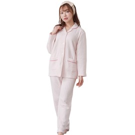 Luanna Jena QWHI01 Women's Pajamas, Loungewear, Skin Side, 100% Cotton, Long Sleeve, Top and Bottom Set, Open Front, Comfortable Sleep Specifications, Pink