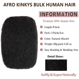 Xtrend Afro Kinkys Bulk Human Hair for Dreadlocks Extensions Repair Locs, Twist Braiding Afro Kinky Human Hair for Locs 3 Packs 90Gram Natural Black Color(1B, 8 Inch)