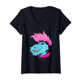 Womens Rex Dinosaur T Mohawk Style Haircut Rex Punk Rock Goth V-Neck T-Shirt