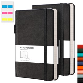 RETTACY Pocket Notebook A6 Mini Notepad 2 Pack Small Hardcover Journal with Content,312 Numbered Pages, 2 Inner Pocket, 100gsm Lined Paper 8.5 x 14 cm - Black Black