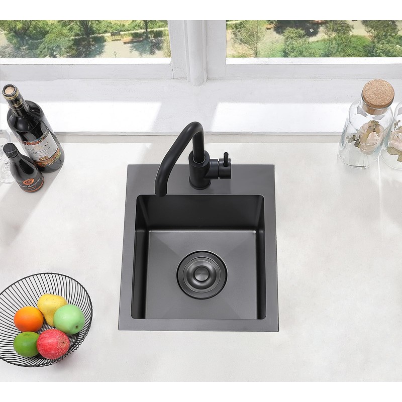 Comllen 15”x15” Black Drop In Bar Sink, Stainless Steel Small