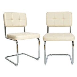 CangLong Faux Leather Dining Chairs, Mid-Century Modern Upholstered Armless Chairs with Metal Legs for Home, Kitchen, Dining Room, Set of 2, Beige