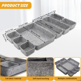 Caliee 8 Pack Office Desk Drawer Organizer Tray Grey Large Capacity Felt Storage Gray Drawer Dividers for Snacks, Stationery, Jewelry, Cosmetics