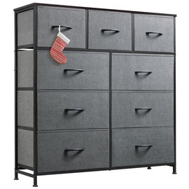 Fabric Storage Tower with 9 Drawers, Bedroom Drawer Dresser Organizer, Chest of Drawers with Fabric Bins, Steel Frame and Wood Top:_Brown