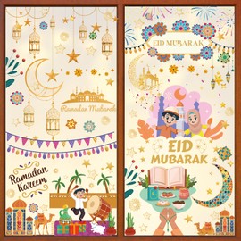 AhfuLife Ramadan Mubarak Window Stickers, 9 Sheets Reusable Eid Mubarak Window Clings for Home, Double Sided Moon Star Crescent Lantern Window Stickers for Home Decorations