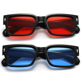 JOVAKIT Black Square Sunglasses for Women Men Simple Trendy Rectangle Thick Frame Style Sun Glasses UV400 Protection (Black/Red+Black/Blue)