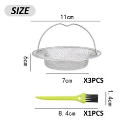 Pack of 3 Sink Strainer with Handle, 1 Piece Brush, Drain Filter, Kitchen Strainer Basket, Sink Strainer Made of Stainless Steel, Suitable for Sewage Channels (11 x 7 x 2 cm)