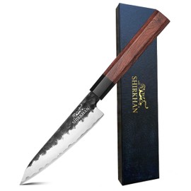 SHIRKHAN Utility Knife 5.3 Inch - Professional Sharp Japanese Petty Knife - High Carbon Hand Hammered Clad Steel Blade 10Cr15CoMoV Core - Octagon Redwood Handle - Gift Box