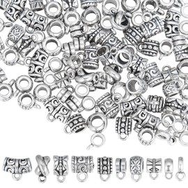 SUNNYCLUE 1 Box 100Pcs Bails Beads Bulk Clasp Bail Bead Charms Connector Tibetan Style Tube Bails Hanger European Alloy Loop Loose Spacer Large Hole Beads for Jewelry Making Bracelet Necklace Craft