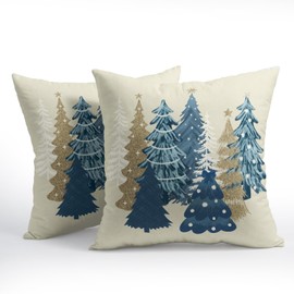 Kawani Christmas Blue Decorative Pillow Covers 18x18 Inch Set of 2 Christmas Tree Outdoor Throw Pillow Covers Winter Xmas Holiday Pillowcases Cushion Covers for Home Couch Christmas Decor