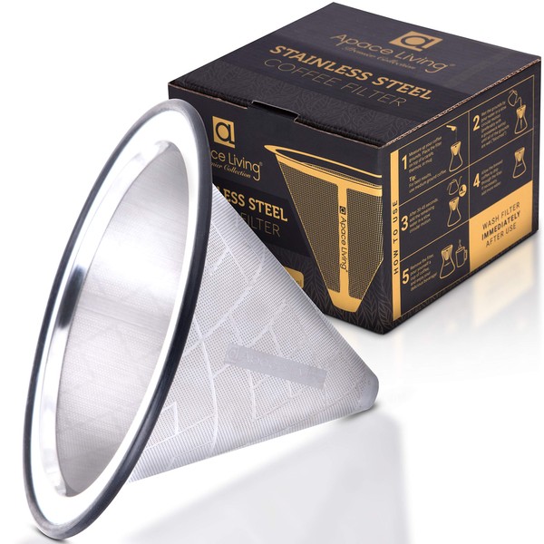 Apace Living Pour Over Coffee Filter - Wide Metal Base Reusable Stainless Steel Coffee Dripper - Perfect for Chemex Hario Bodum & Other Coffee Makers - Paperless Coffee Filter for Sustainable Brewing