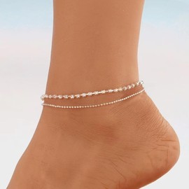 Jumcew Anklets for Women 14K Gold/Silver Plated Ankle Bracelets Trendy Waterproof Boho Anklets Set Adjustable Dainty Beaded Heart Summer Beach Jewelry Gift for Women Teen Girls D
