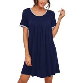 PrinStory Womens Nightdress Short Sleeve Sleepwear Soft Sleepshirt Pleated Nightshirt Scoopneck Casual Loungewear (Navy Blue, XL)