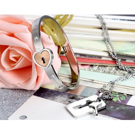 Flongo Partner Gift Bangle Bracelet Pendant with Chain Set Heart Lock Bracelet with Key Pendant Necklace Silver Rose Gold Black, Stainless Steel
