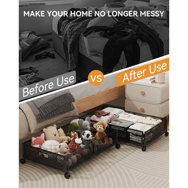 YEEBONIX Under Bed Storage with Wheels, Foldable Pattern Carved Metal