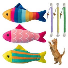 JDNFKG 3 Stück Plüschfischspielzeug Und 3 Stück Beißseil, Interaktives Katzenspielzeug, Katzenzahnreinigungszubehör, Heimtierbedarf.