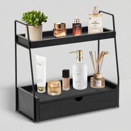 2-Tier Bathroom Organizer Countertop with Drawer, Wood Counter Organizer for Bathroom Decor, Sink Shelf for Vanity Storage, Makeup Tray for Perfume Skincare Bedroom Kitchen Corner