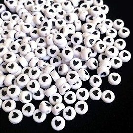 Amaney 500Pcs 7x4mm White Acrylic Black Heart sheap Round Beads Mixed Colors Plastic Loose Beads for Jewelry Making Bracelets Necklaces Key Chains