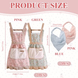 Guegine 2 PCS Floral Kitchen Apron with Pockets and 2 Floral Hair Scarf,Wrap Around Aprons 1940 Style,Flower Vintage Apron,Adjustable Size for Cooking,Baking and Gardening,Durable and for Home Use