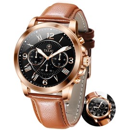 Taxau Fashion Men's Leather Watches Easy to Read Chronograph Watches for Men Waterproof Analogue Watches Men Black/White/Blue Large Dial Men Luminous Watches Reloj Para Hombr, Brown belt with pink