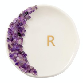 Maxsirui Ceramic Initials Ring Dish with Brazilian Amethyst Inlaid, Cute Room Decor Aesthetic, Decorative Jewelry Tray Trinket Dish, Engagement Wedding Birthday Christmas Gifts for Women (R)
