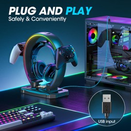 KDD KDD RGB Headphone & Controller Stand with 9 Light Modes - Foldable Controller Hanger for Desk - Earphone Stand with Cable Organizer - for Gamers Desktop Accessories