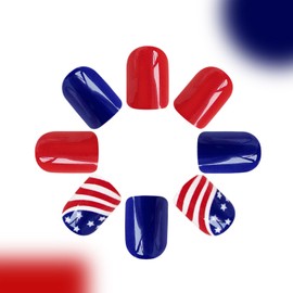 4th of July Press on Nails MIXFOSAHN Short Square Fake Nails Red Blue False Nails with American Flag Designs Stars Glossy Stick on Nails July 4 Nails Glue on Nails for Women Girls 24 Pcs