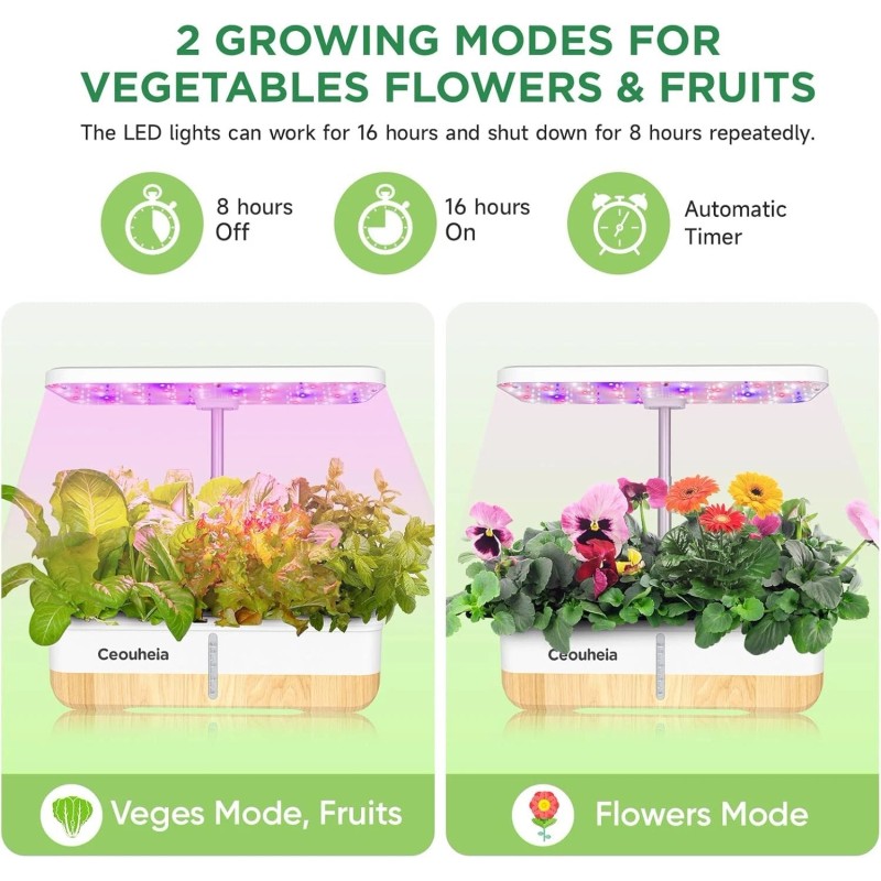 Ceouheia Hydroponics Growing System 12Pods, Indoor Herb Garden with LED