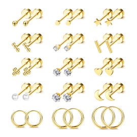 FIOROYAL 15Pairs Gold Stud Earrings for Women Surgical Steel Hypoallergenic Earrings 14K Gold Plated Flat Back Earrings Set Tiny Moon and Star Earrings Helix Cartilage Hoop Earrings for Women
