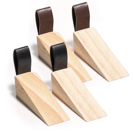 Wooden Door Stopper Wedge 4 Pack Wood Door Stop Wedge Wooden Doorstop Holder with Leather Band Arret Butoir de Porte for Floor