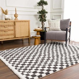 Kieu Black & White Checkered Area Rug perfect for any room - Title: 5'3" x 7' Rectangle