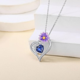 SELKAT Birth Flower Necklace 933 Sterling Silver Birthstone Necklace Birth Month Flower Necklace for Women Floral Heart Pendant Jewelry Birthday Gifts for Mother Wife Friends-Aster-9