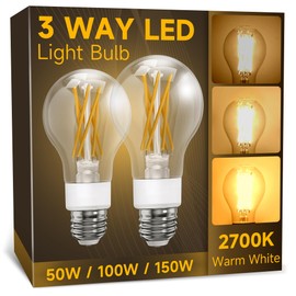 3 Way Light Bulbs 50 100 150w Equivalent, Soft White 2700K, Three Way A19 LED Filament Light Bulb with 90+ CRI, E26 Dimmable Warm Light Bulbs, Classic Clear Glass, 2 Pack