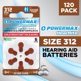 Powermax Size 312 Hearing Aid Batteries, 120 Count Long-Lasting Battery Pack, Brown Long Tab for Easy Change