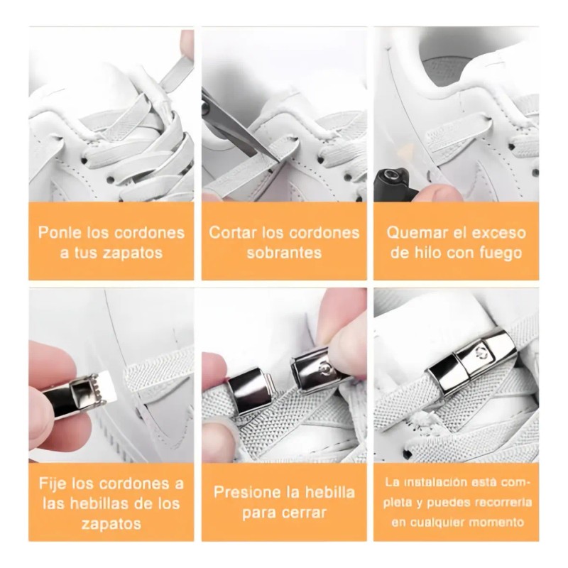 6 Pares Agujetas Sin Nudo Elásticas Hebilla Metal Para Tenis